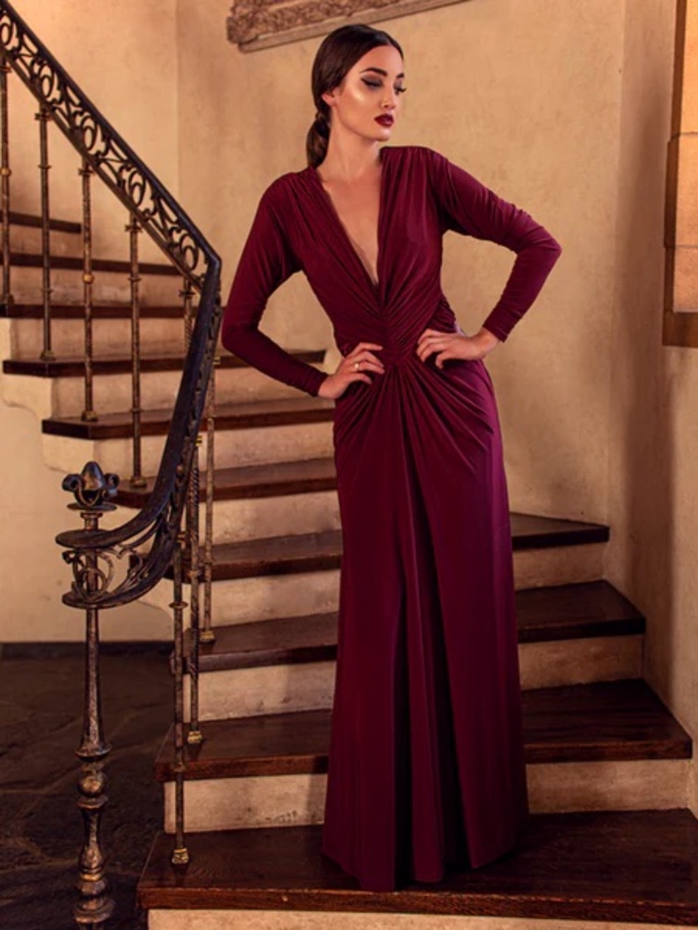 La Femme En Noir Art Deco Ruched Gown in Crimson XL